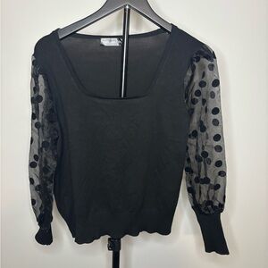 Black Polka Dot Sheer Sleeve Scoop Neck Blouse